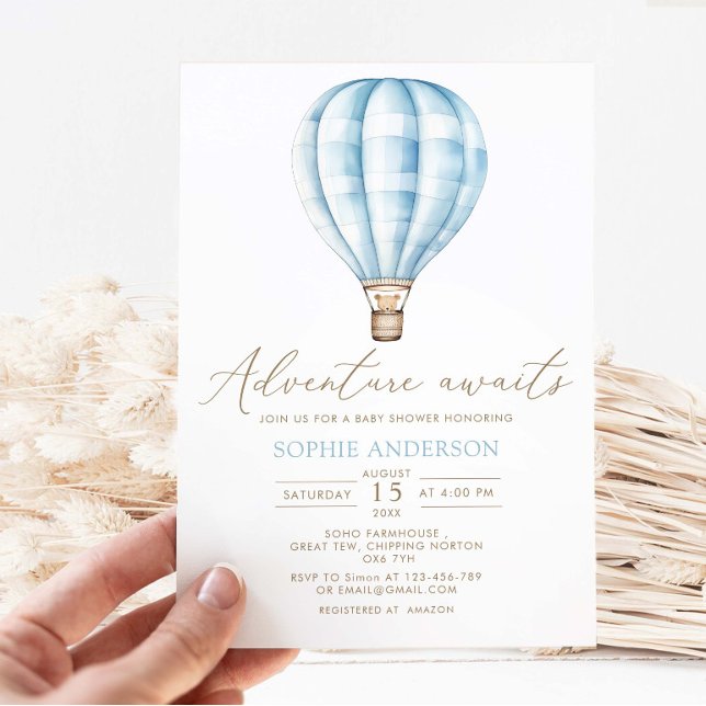 Invitation Adventure Await Blue Hot Air Balloon Baby shower (Créateur téléchargé)