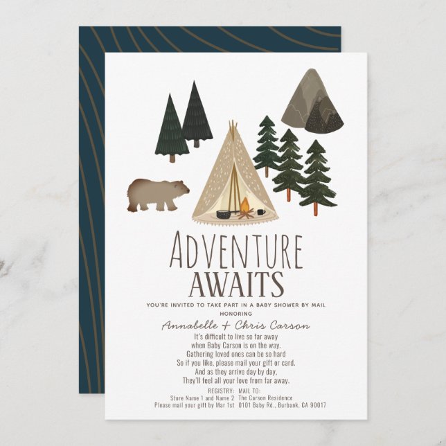 Invitation Adventure Await Camping Baby shower par la poste (Devant / Derrière)