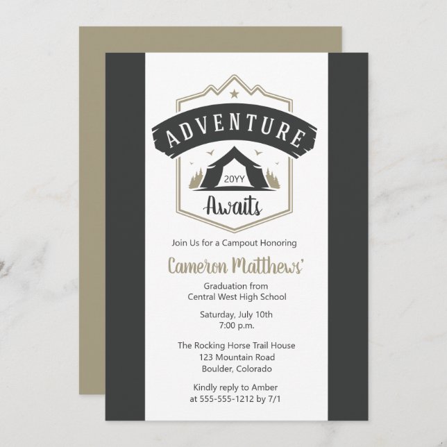Invitation Adventure Await Camping Graduation Party Invitati (Devant / Derrière)