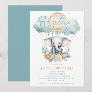 Invitation Adventure Await Elephant Hot Air Balloon Blue Boy