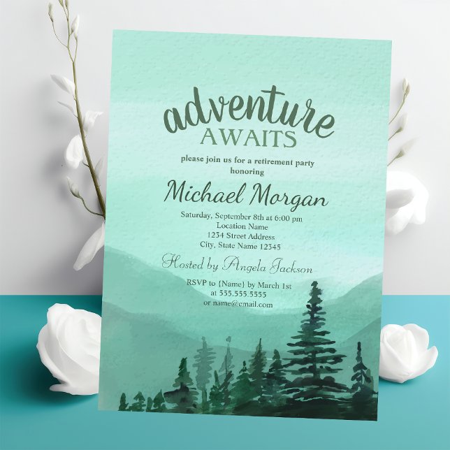 Invitation Adventure Await Forest Mountains Green Retirement (Créateur téléchargé)