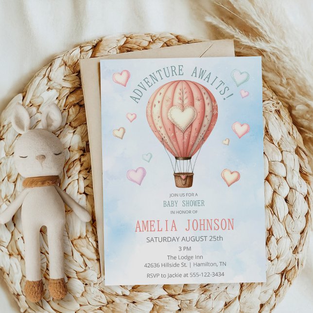 Invitation Adventure Await Hot Air Baby shower (Adventure Awaits Hot Air Balloon Baby Shower Invitation Front)
