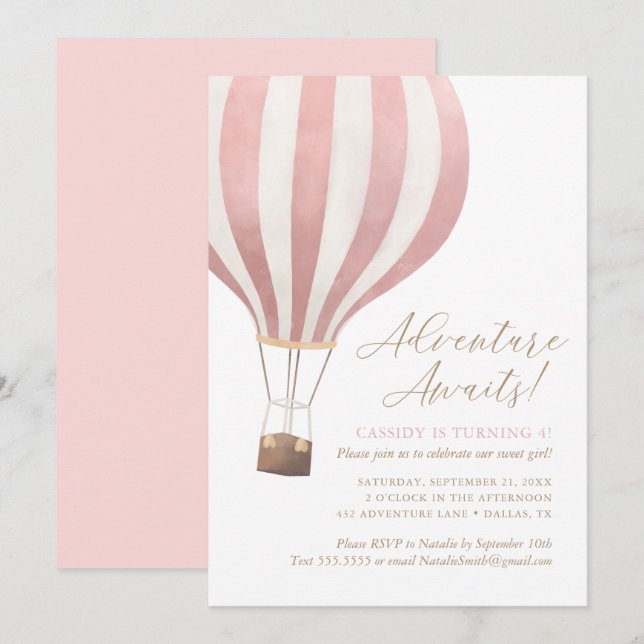 Invitation Adventure Await Hot Air Balloon Girl Birthday (Devant / Derrière)