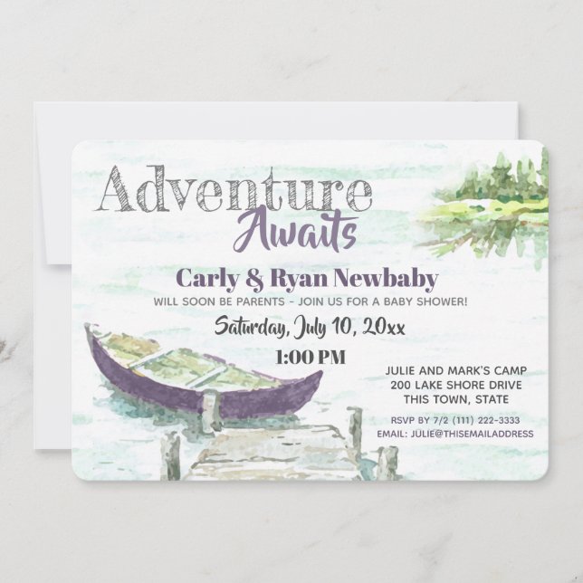 Invitation Adventure Await Lake et Purple Canoe Baby shower (Devant)