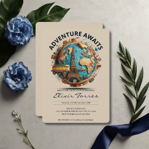 Invitation Adventure Await Modern Globe Baby shower