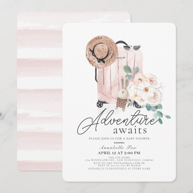 Invitation Adventure Await Pink Suitcase Girl Baby shower (Devant / Derrière)