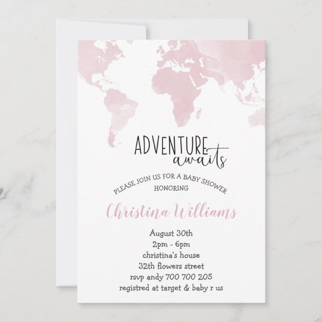 Invitation Adventure Await Pink World Map Baby shower fille (Devant)