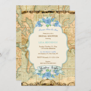 Invitation Adventure Await Vintage World Map Blue Hydrangeas