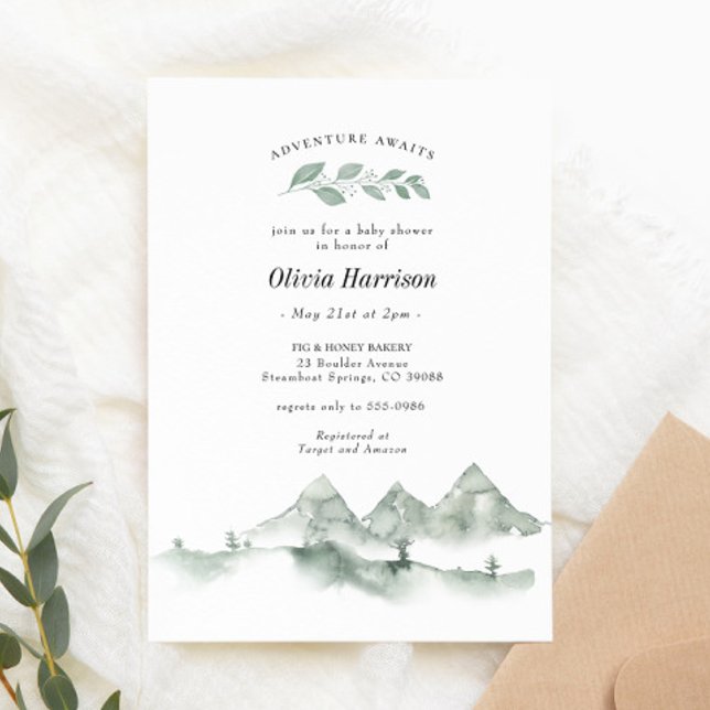 Invitation Adventure Await Watercolor Mountain Baby shower (Créateur téléchargé)