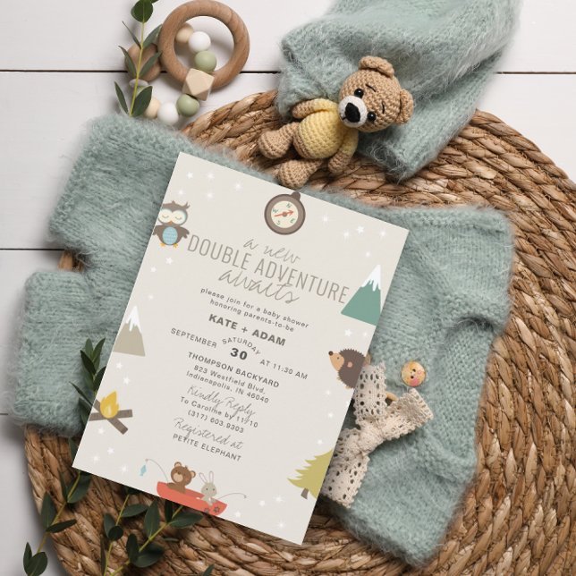 Invitation Adventure Await Woodland Twin Neutral Baby shower (Créateur téléchargé)