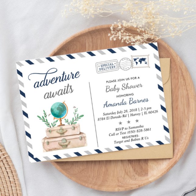 Invitation Adventure Await World Travel Baby Boy Shower Navy (Créateur téléchargé)