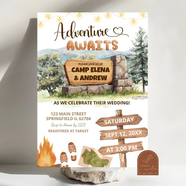 Invitation adventure awaits camping ground wedding (Créateur téléchargé)