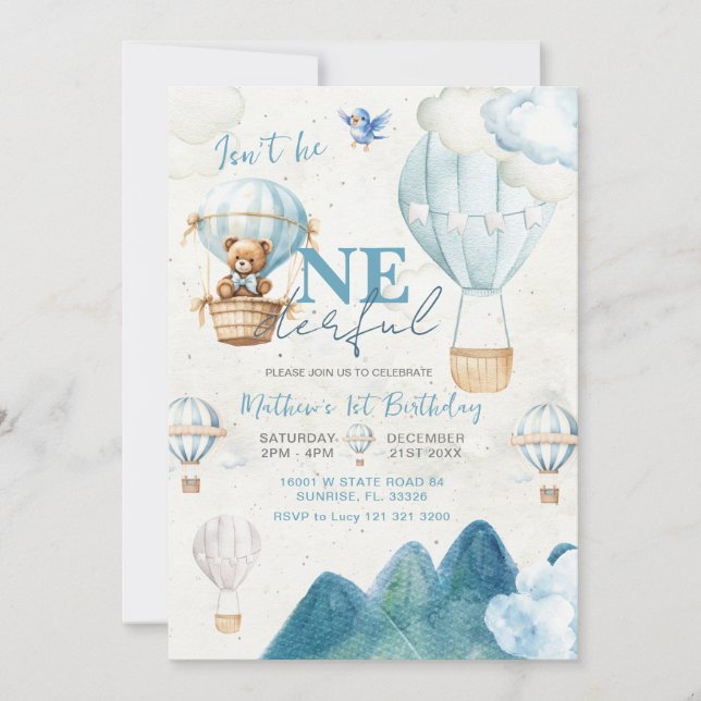 Invitation Adventure Bear Hot Air Balloon Mountain Anniversai (Devant)