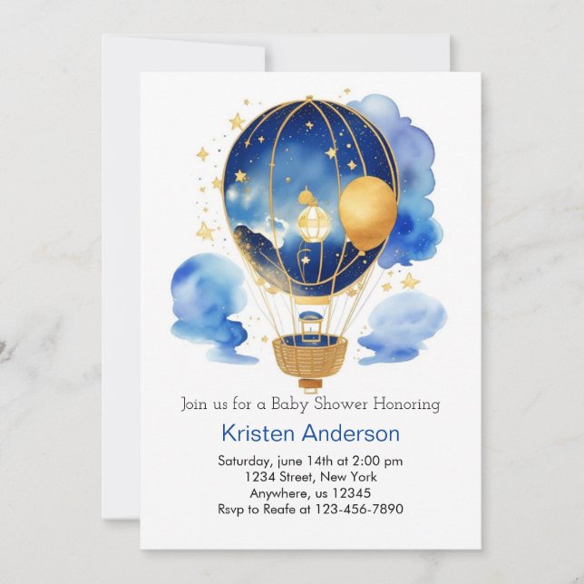 Invitation Adventure Blue Hot Air Balloon Boy Baby shower (Devant)