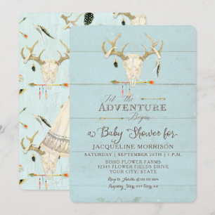 Invitation Adventure Boy Baby shower Teepee Wood Flèches Cerf