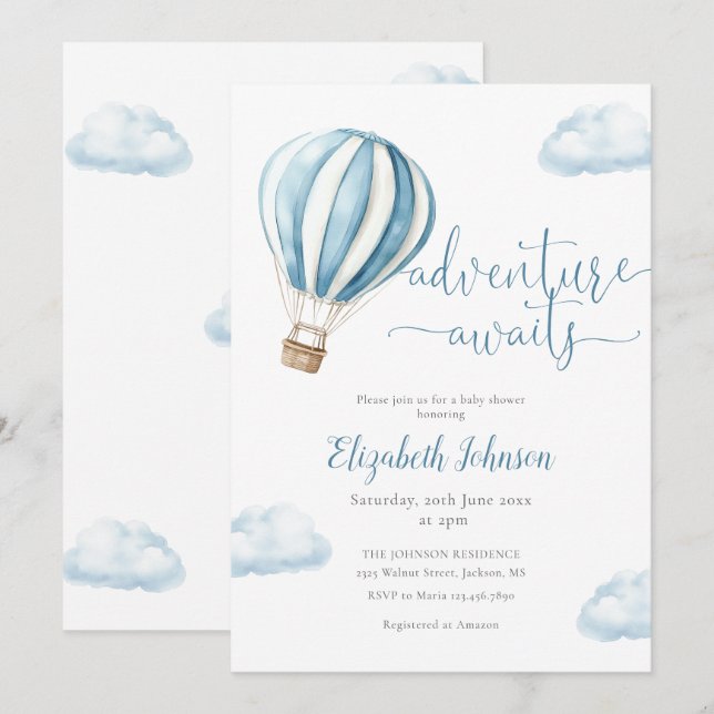Invitation Adventure Boy Blue Hot Air Balloon Baby shower (Devant / Derrière)