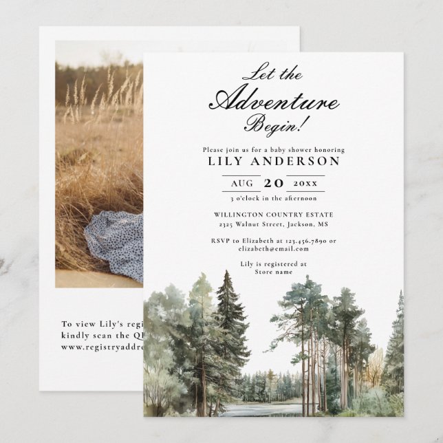 Invitation Adventure Lake Forest Photo Code QR Baby shower (Devant / Derrière)
