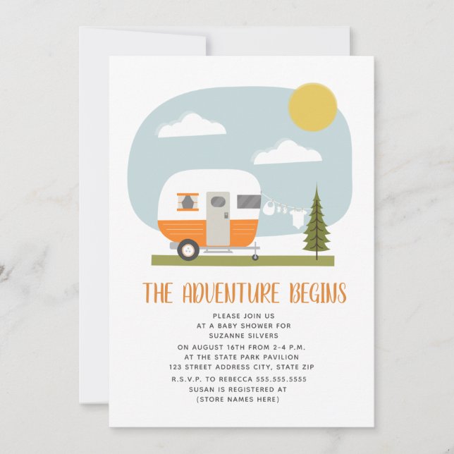 Invitation Adventure Orange Camper Clothesline Baby shower (Devant)