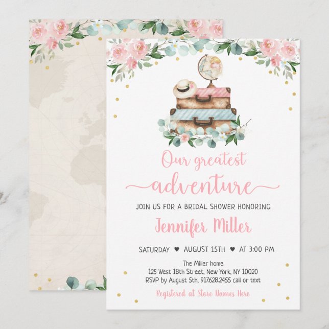 Invitation Adventure Pink Gold Floral Fête des mariées de voy (Devant / Derrière)