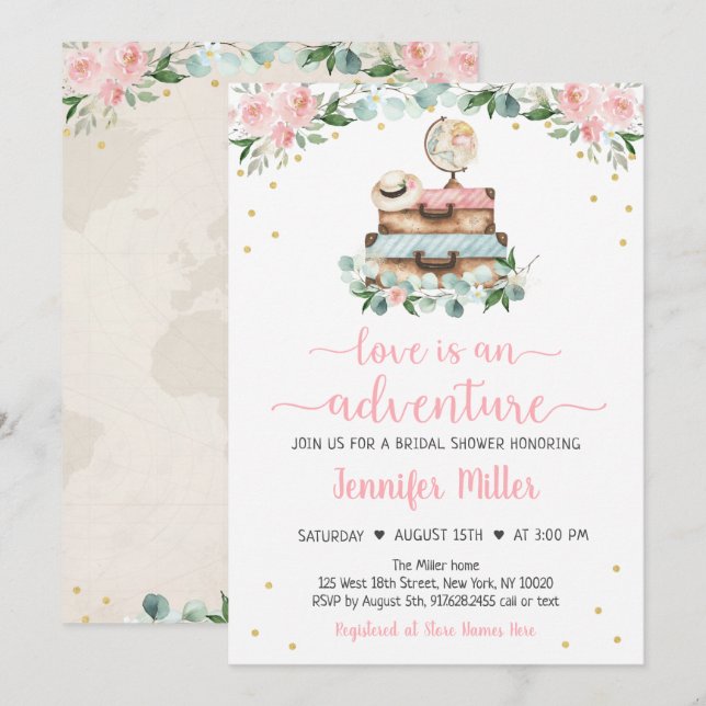 Invitation Adventure Pink Gold Floral Voyage Fête des mariées (Devant / Derrière)