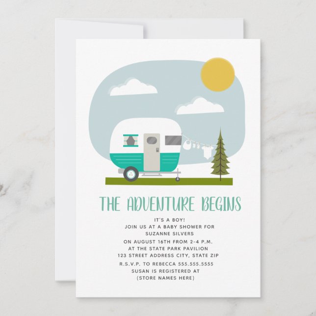 Invitation Adventure Turquoise Camper Clothesline Baby shower (Devant)