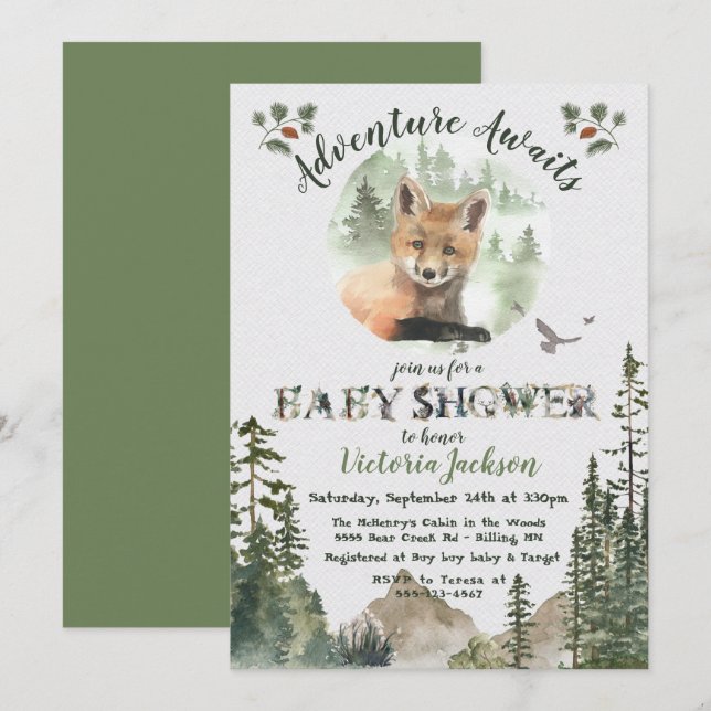 Invitation Adventure Woodland Baby Fox Baby shower forestier (Devant / Derrière)
