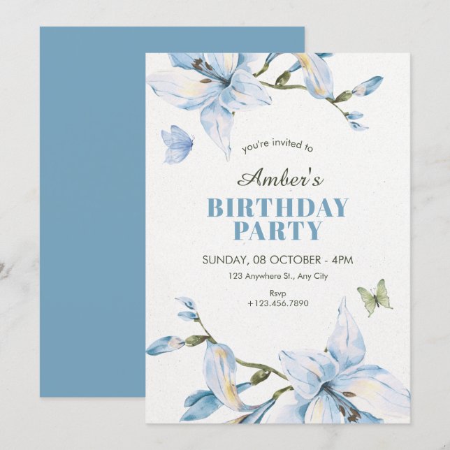 Invitation Aesthetic blue flower bloom birthday (Devant / Derrière)