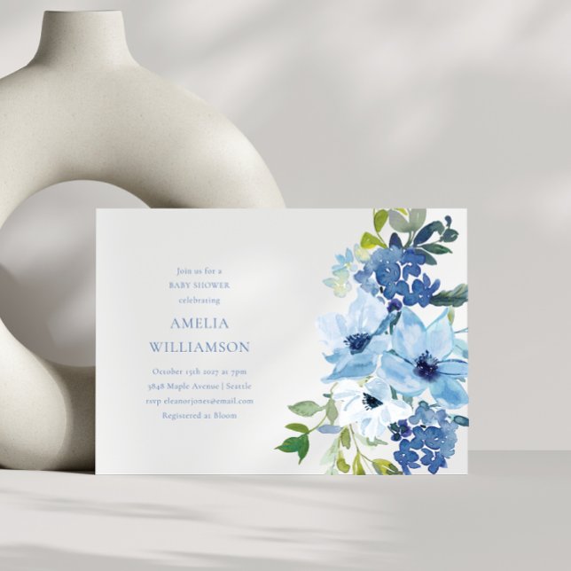Invitation Aesthétique Aquarelle Bleu clair Baby shower Flora (Créateur téléchargé)
