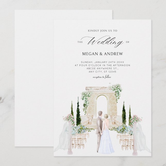 Invitation Aesthétique élégant couple mariage jardin aquarell (Devant / Derrière)
