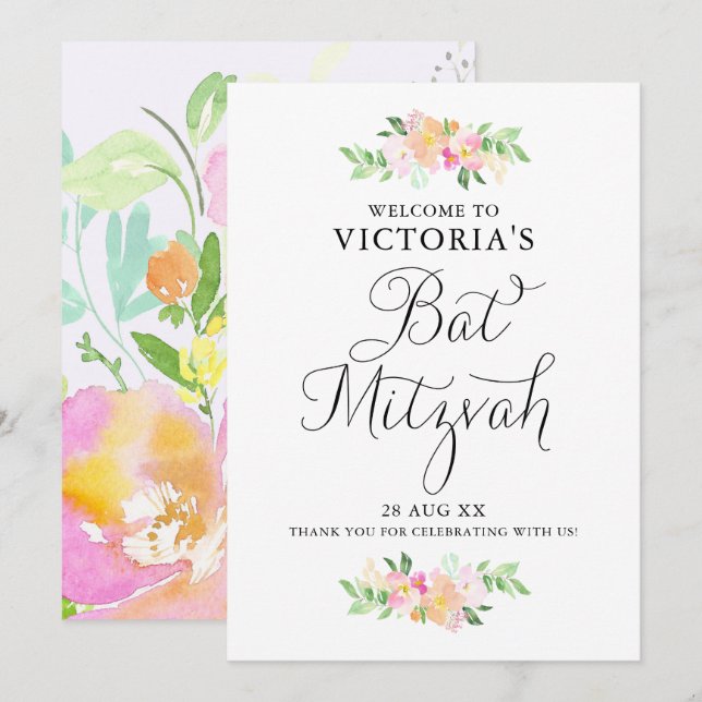 Invitation Affiche de bienvenue Bat mitzvah Dainty Watercolor (Devant / Derrière)