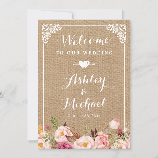 Invitation Affiche de bienvenue mariage | Floral de Burlap ru (Devant)