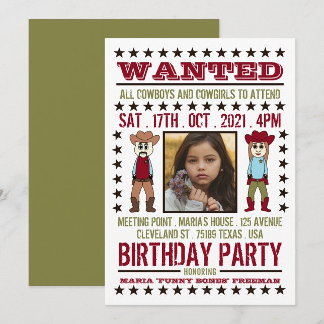 Invitation Affiche de Recherche, Anniversaire Western Cartoon (Devant / Derrière)