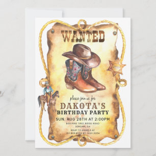 Invitation Affiche Recherchée Cowboy Fête d'anniversaire