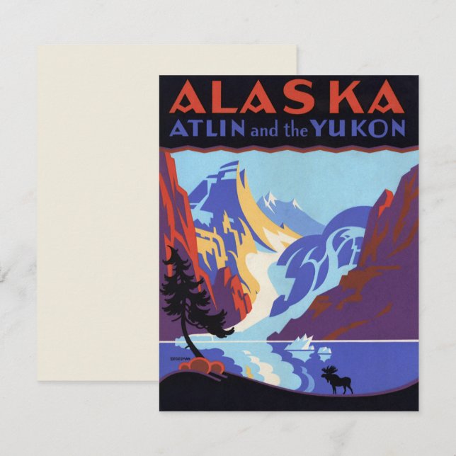 Invitation Affiche vintage de voyage en Alaska, Atlin et Yuko (Devant / Derrière)