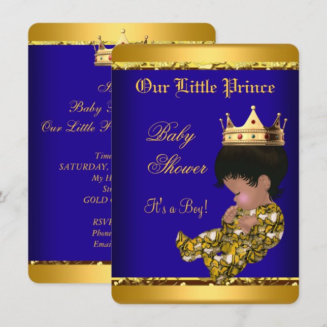 Invitation Africain-Américain Baby shower Blue Gold Boy (Devant / Derrière)