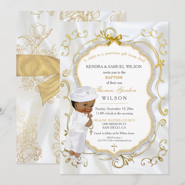 Invitation African American Baby Boy Baptism Gold Cross (Devant / Derrière)