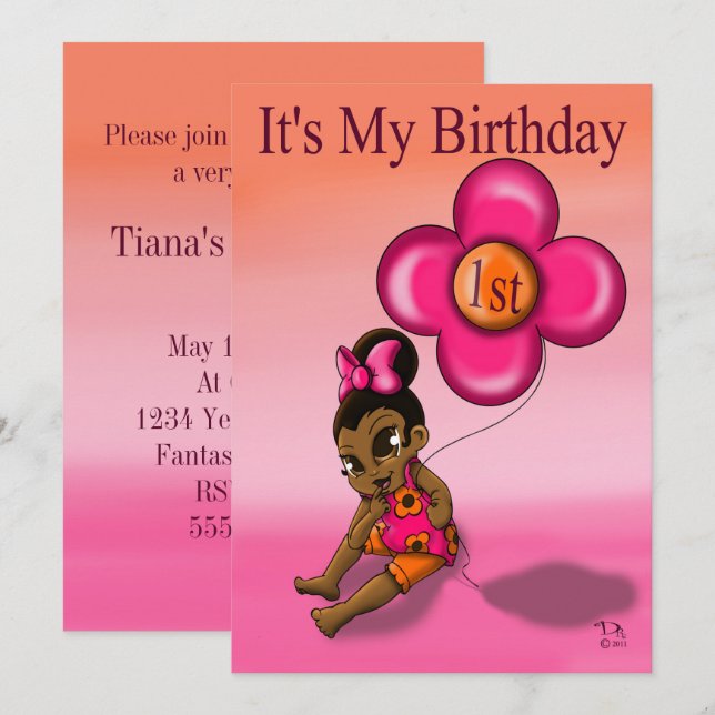 Invitation African American Baby Girl First Birthday Party (Devant / Derrière)