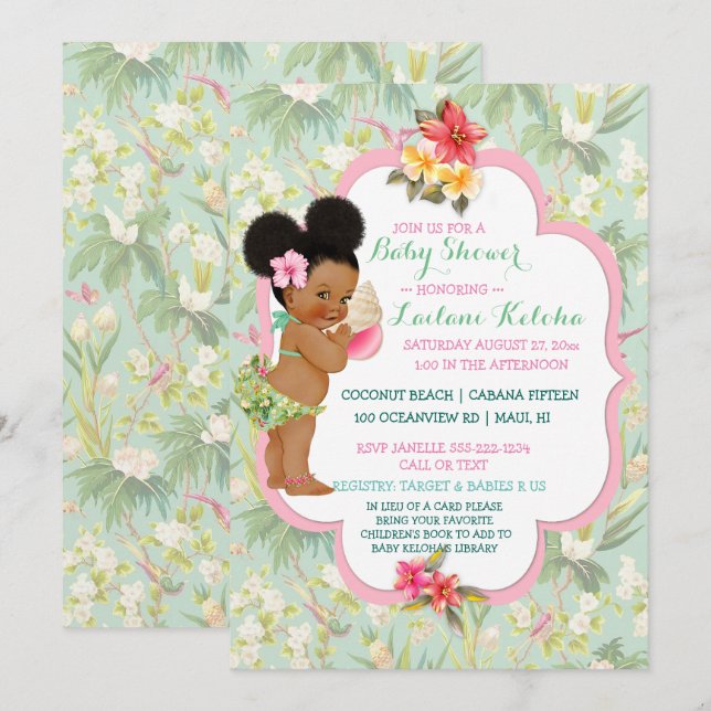 Invitation African American Baby Tropical Luau Hawaiian (Devant / Derrière)