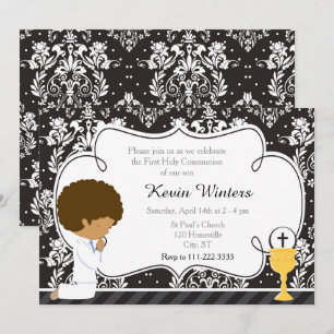 Invitation African American Boy First Communion Damask