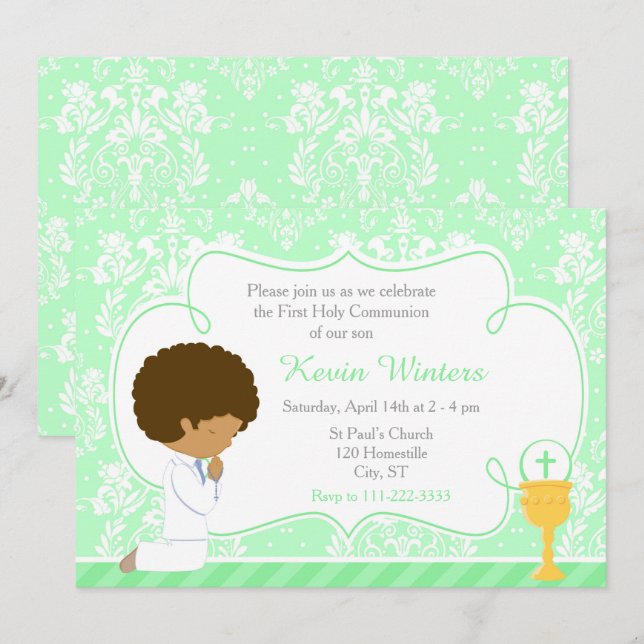 Invitation African American Boy First Communion Damask (Devant / Derrière)