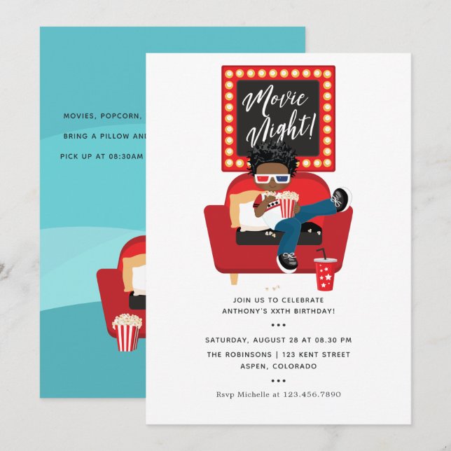 Invitation African American Boy Movie Soirée Slepover Party (Devant / Derrière)