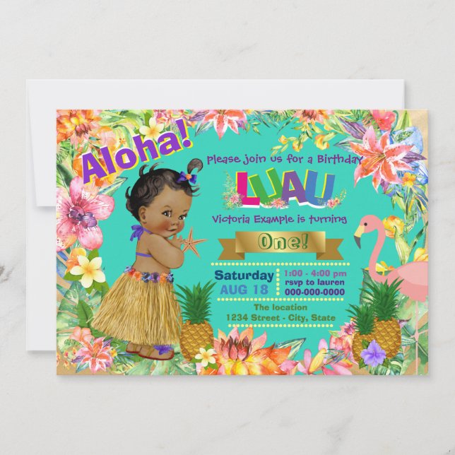 Invitation African American Girl Hawaiian Luau Anniversaire P (Devant)