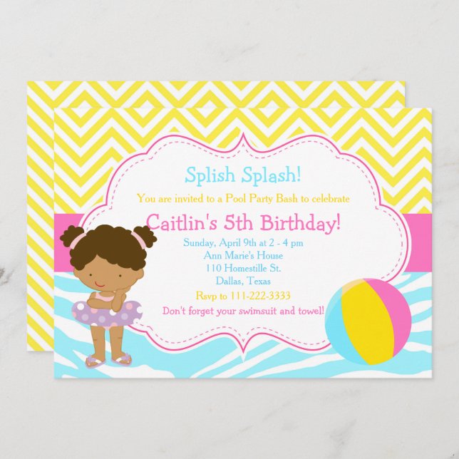 Invitation African American Girl Pool Party Bash (Devant / Derrière)