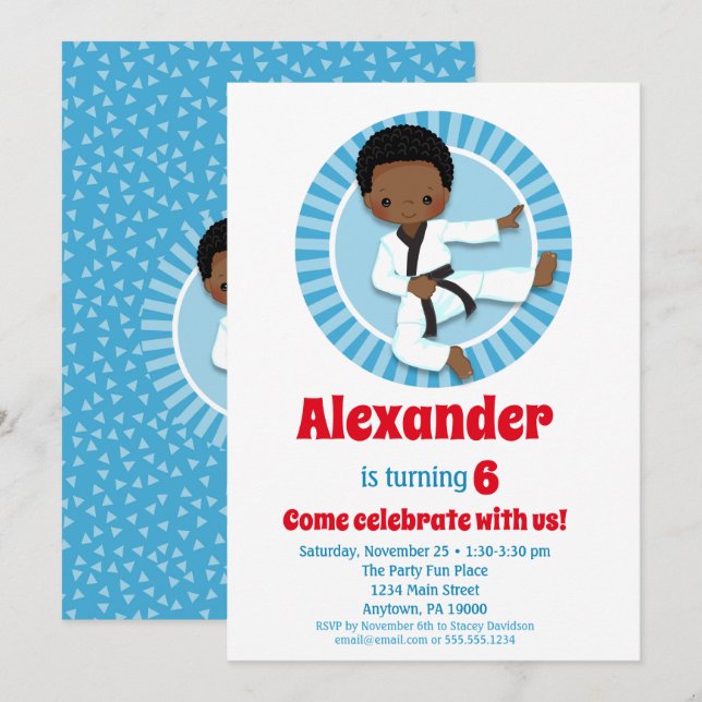 Invitation African American Karate Judo Boys Anniversaire (Devant / Derrière)