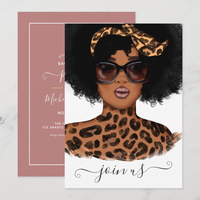 Invitation African American Leopard Girl Bachelorette Party I (Devant / Derrière)