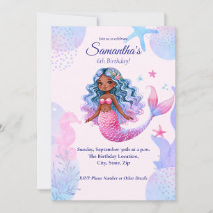 Invitation African American Mermaid Pink and Purple Party