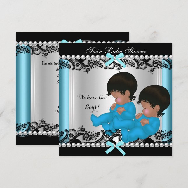 Invitation African American Twin Boys Baby shower Blue 3 (Devant / Derrière)