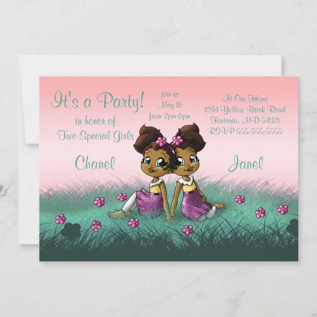 Invitation African American Twin Girls Birthday Party (Devant)