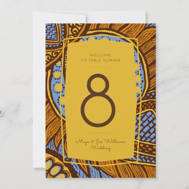 Invitation African Ankara Sky Blue Gold Floral Numéro de tabl (Devant)