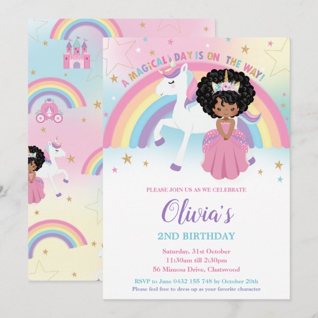 Invitation African Princess Unicorn Birthday Party Rainbow (Devant / Derrière)